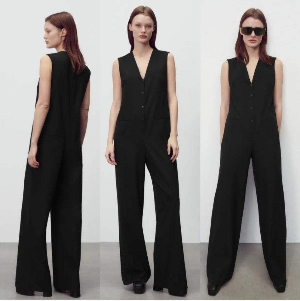 NWT ZARA WOMEN'S LONG V-NECK JUMPSUIT SLEEVELESS BLACK Size S 2418/645